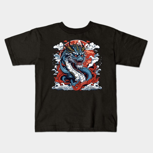 Dragon against the backdrop of a setting sun bathed in ocean waves Kids T-Shirt by T-Shirt Paradise